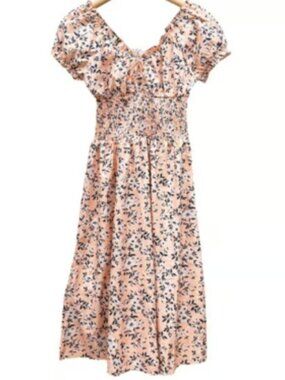 Floral Peasant Short Sleeve Midi Dress Lightweight Boho Sundress Cottagecore SM